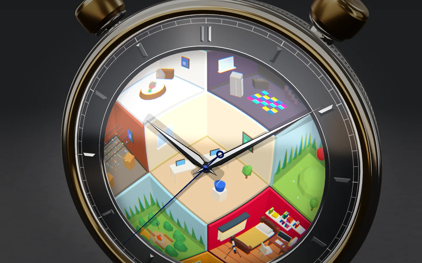 The AFX-7's dial side: the About page's isometric room map seen through a polished aperture in a slate sunray dial with a printed minute track and applied faceted steel indices, polished dauphine hands and a blue seconds hand over the rooms, brass crowns above