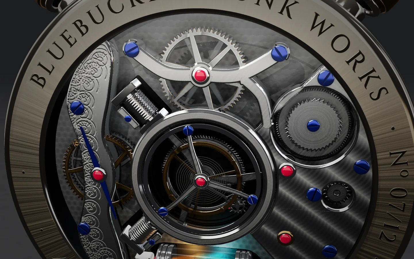 Close on the caseback: the flying tourbillon's cage and balance under the sapphire, a polished bridge with blued screws and rubies, the engraved scroll bridge on the left and the engraved ring lettered BLUEBUCKET SKUNK WORKS and Nº 07/12