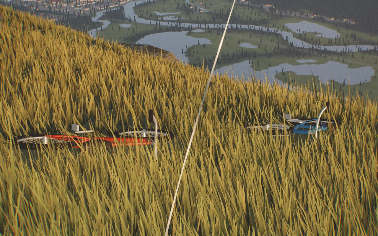Two bicycles lying in the tall straw-coloured grass, the balloon string crossing the frame and the braided Bow River far below