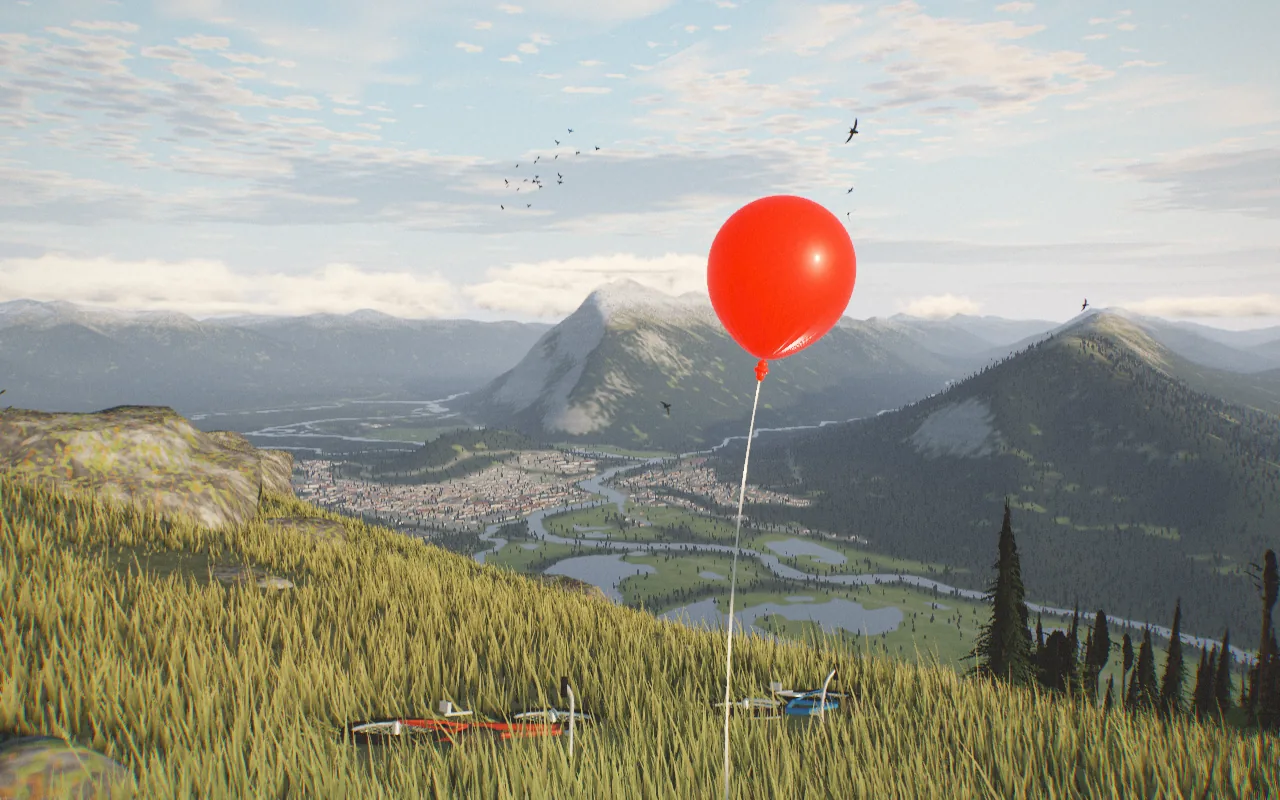 A red balloon on a string above a golden meadow on Mount Norquay, with Banff, the Bow River and snow-dusted Mount Rundle across the valley under an afternoon sky