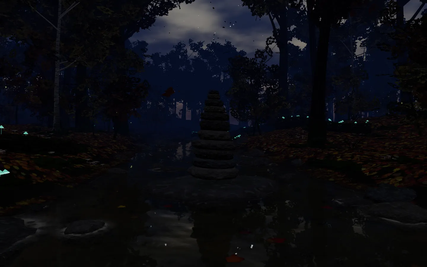 The cairn after dark, with glowing mushrooms and fireflies along the creek bank