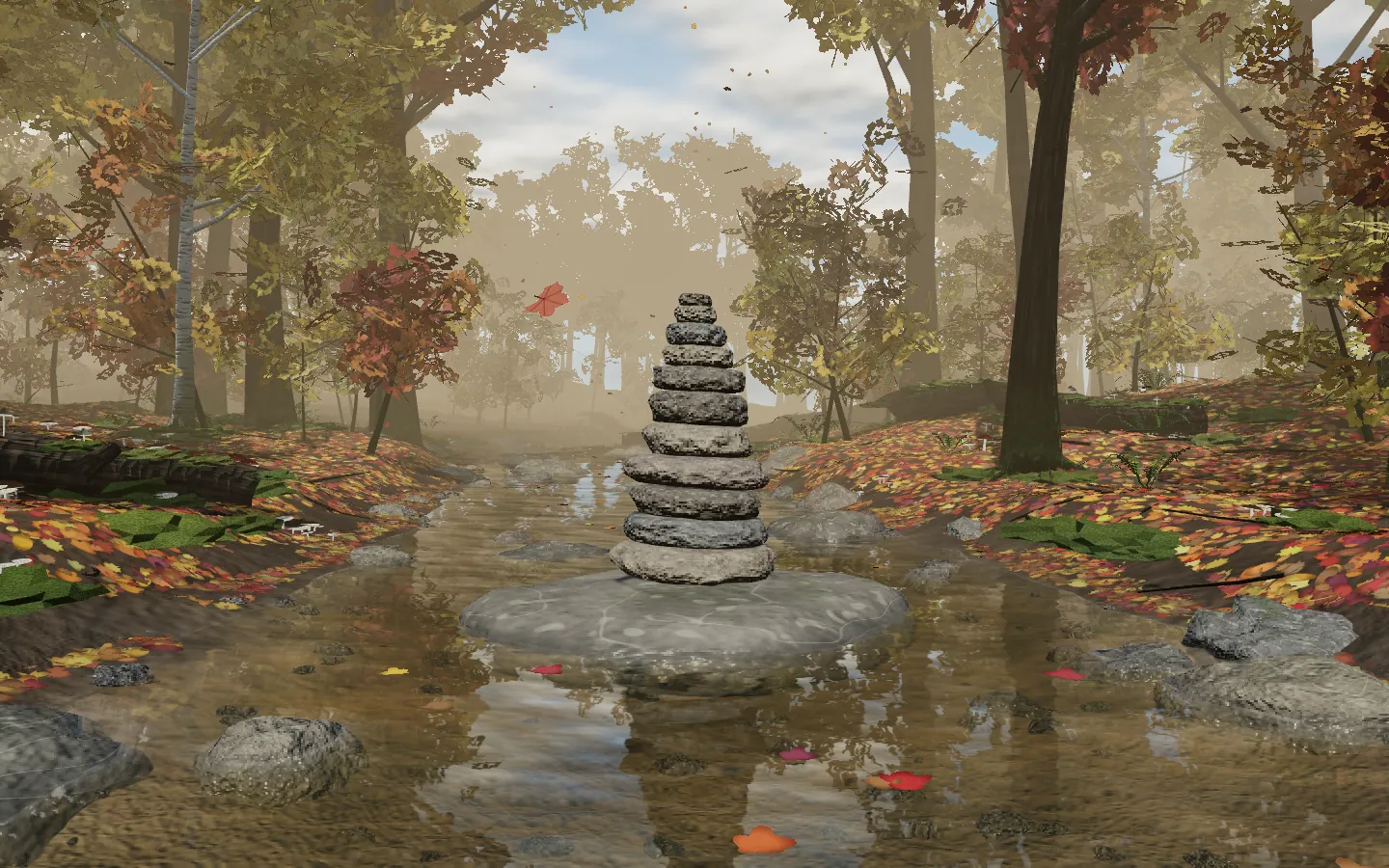 Midday light on the creek, fallen logs and the balanced stone stack