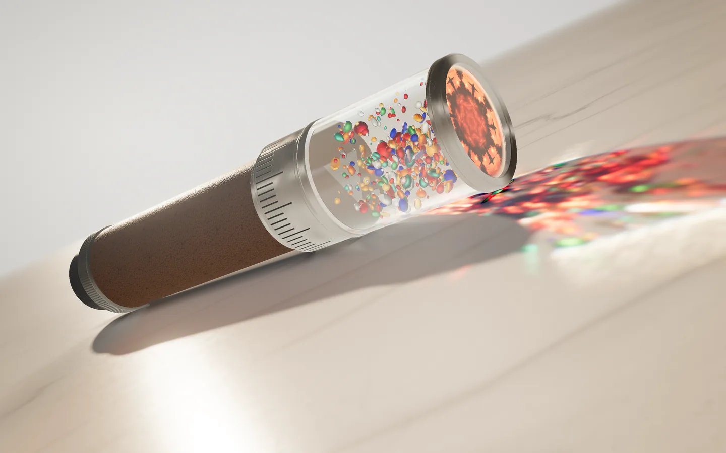 A kaleidoscope with a brown leather body and brushed-steel collar lying on a white marble table in low sun; coloured glass floats in its clear chamber beside the glowing end disc and throws red, green and blue light across the marble