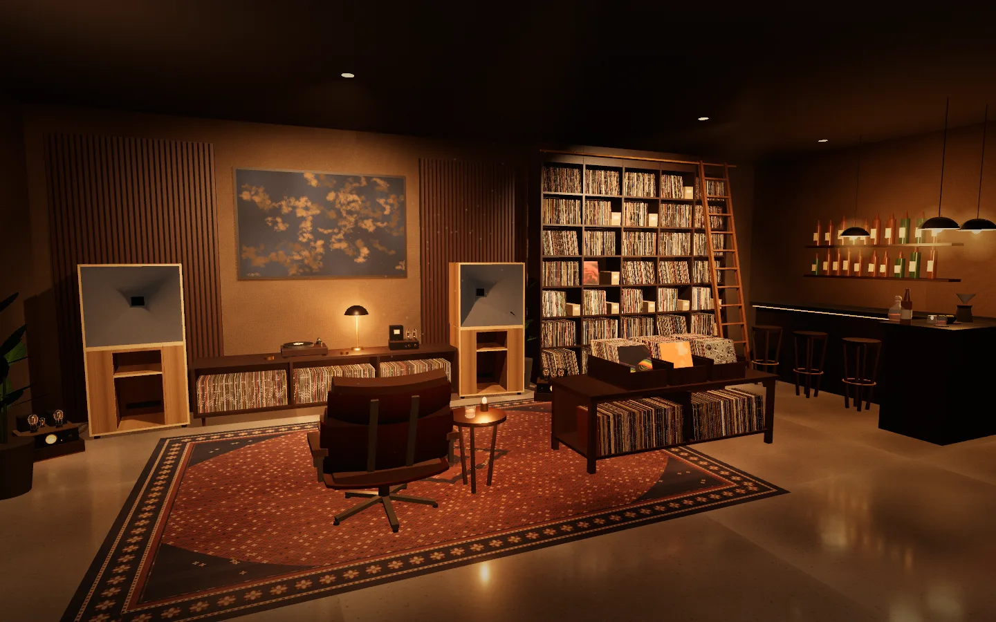 A dim listening bar at night: two tall horn speakers on birch-ply cabinets either side of a long walnut console with a turntable, tube monoblocks glowing on low stands, a lounge chair on a rug, and a wall of records to the ceiling under warm tungsten light