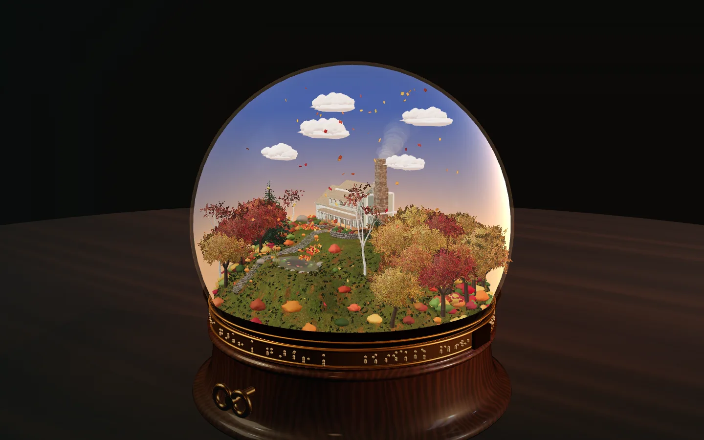 A glass snow globe holding a sage farmhouse on a hill at golden hour, among autumn birches and maples