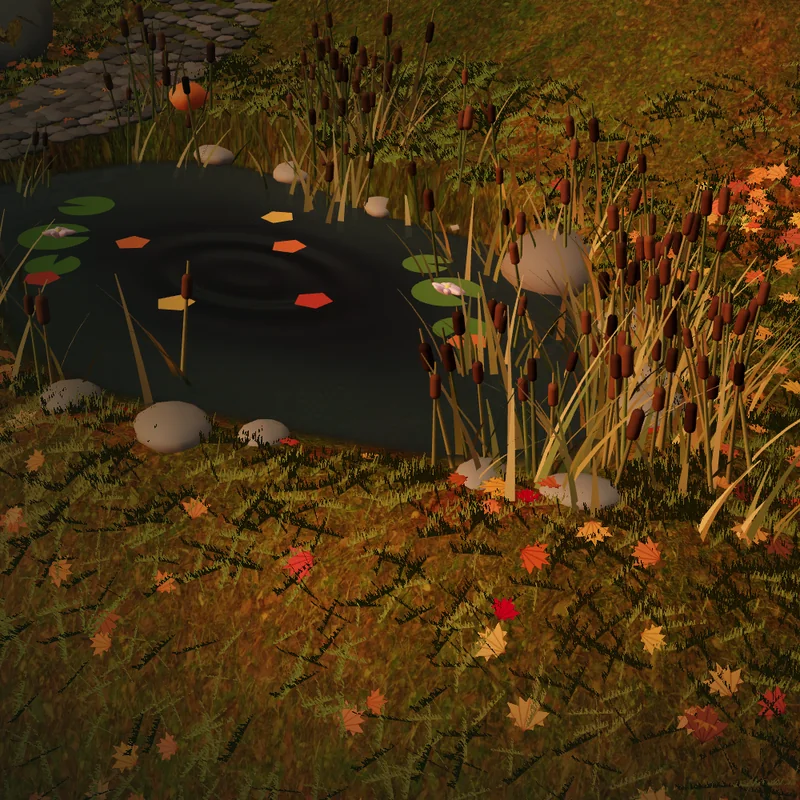 Ripples on the pond among lily pads and cattails at golden hour