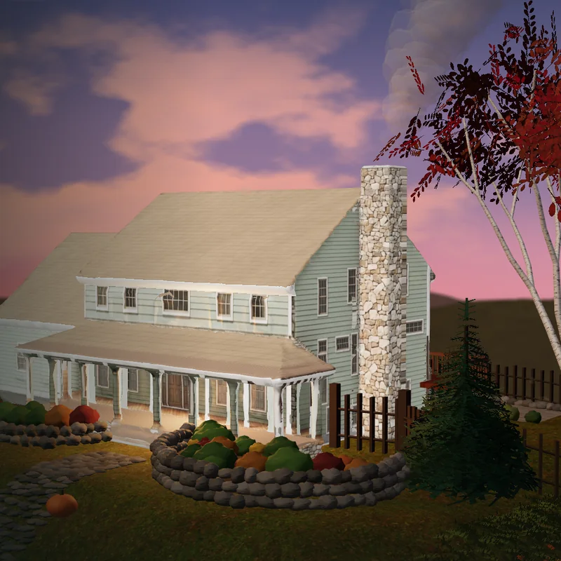 The farmhouse at dusk, with lamplight along the porch and in the windows