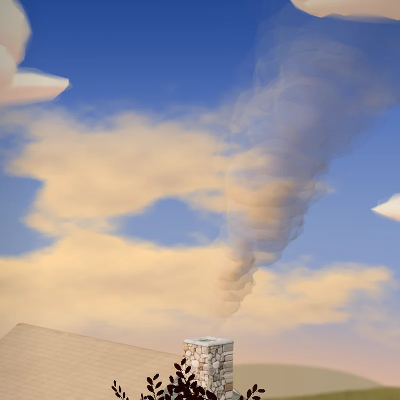 A curl of smoke rising from the stone chimney into a golden-hour sky