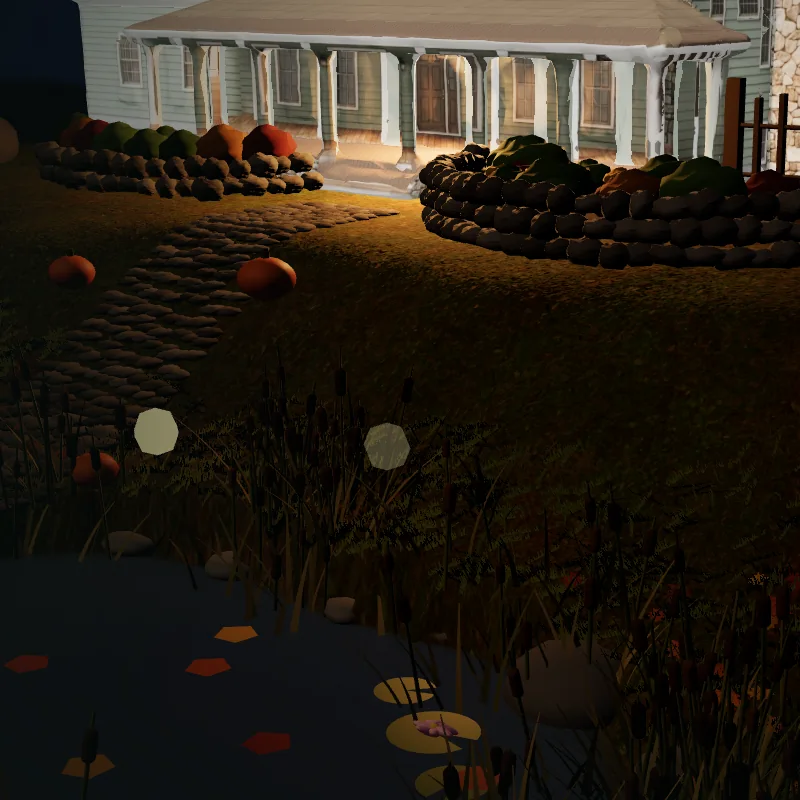 Fireflies over the pond at night, below the lamplit porch