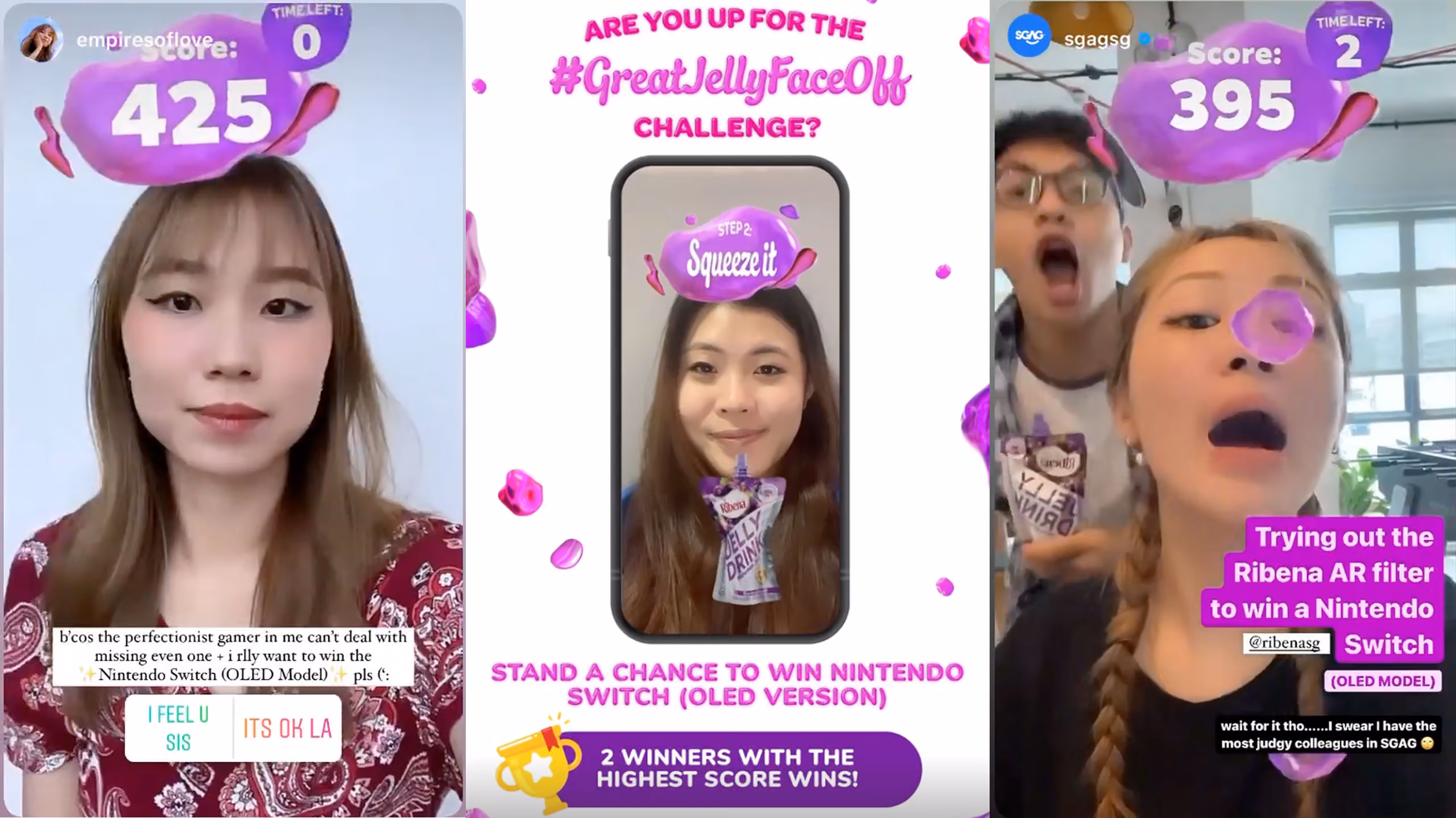 Three-panel Ribena campaign collage showing two players using the jelly-catching filter and central promotional artwork.