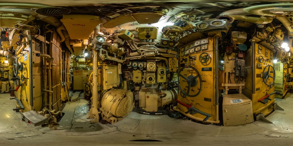 Sample U-434 / B-515 submarine interior with yellow instrument panels, pipes and control wheels.