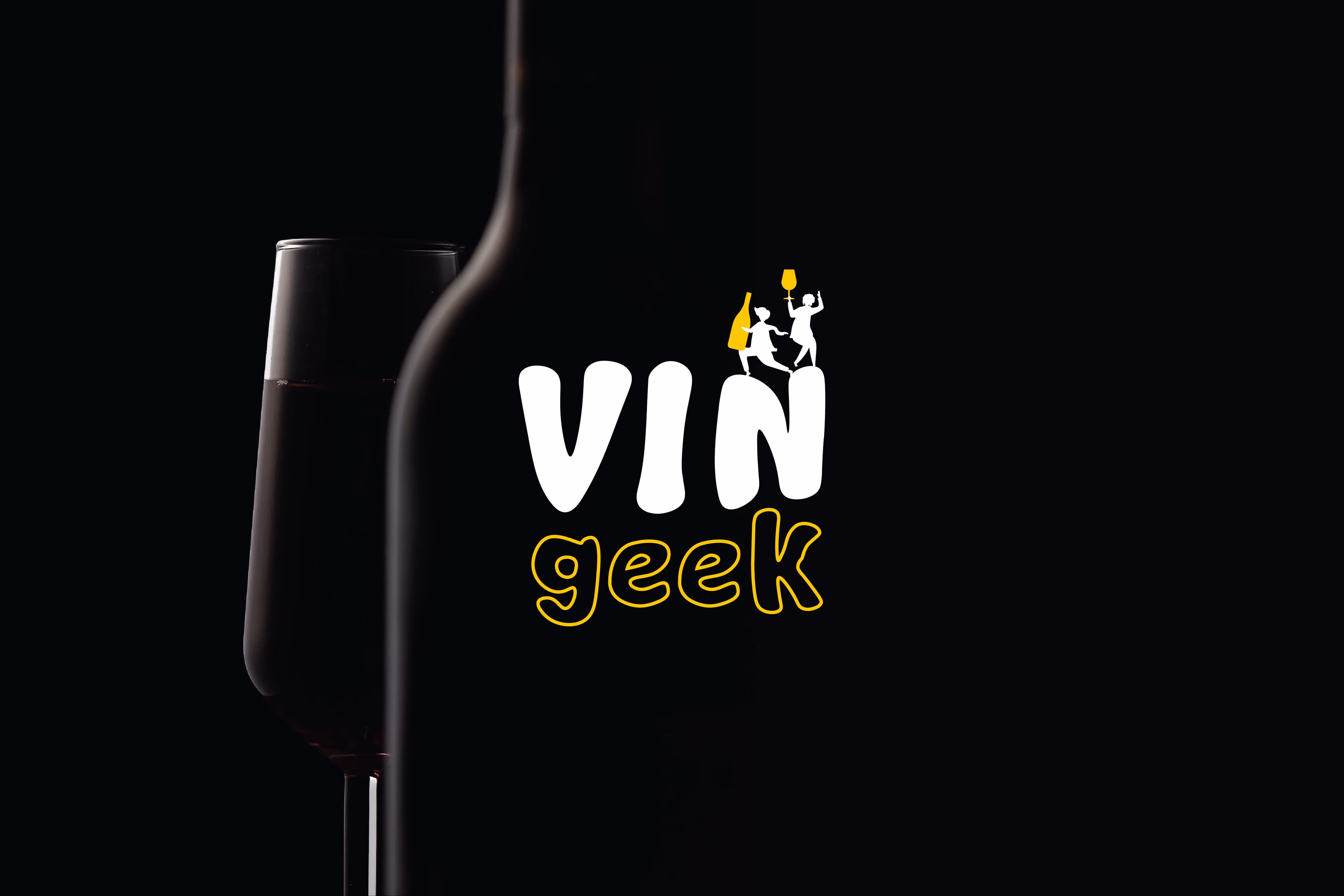 Vin Geek wordmark beside a silhouetted wine bottle and glass on a black background.