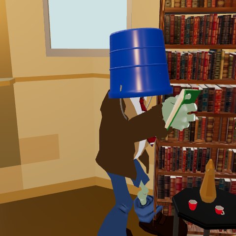 Vishnu's Buckethead character, the office zombie with a blue bucket over his head, reading a green book by the office bookshelf